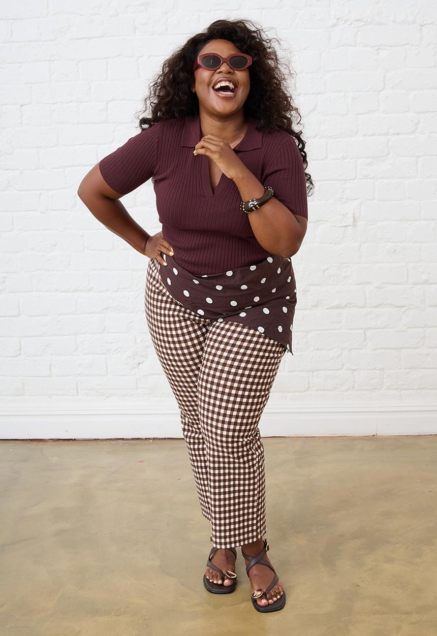 Me&B - Plus Bengaline Cropped Pants - Choc Gingham