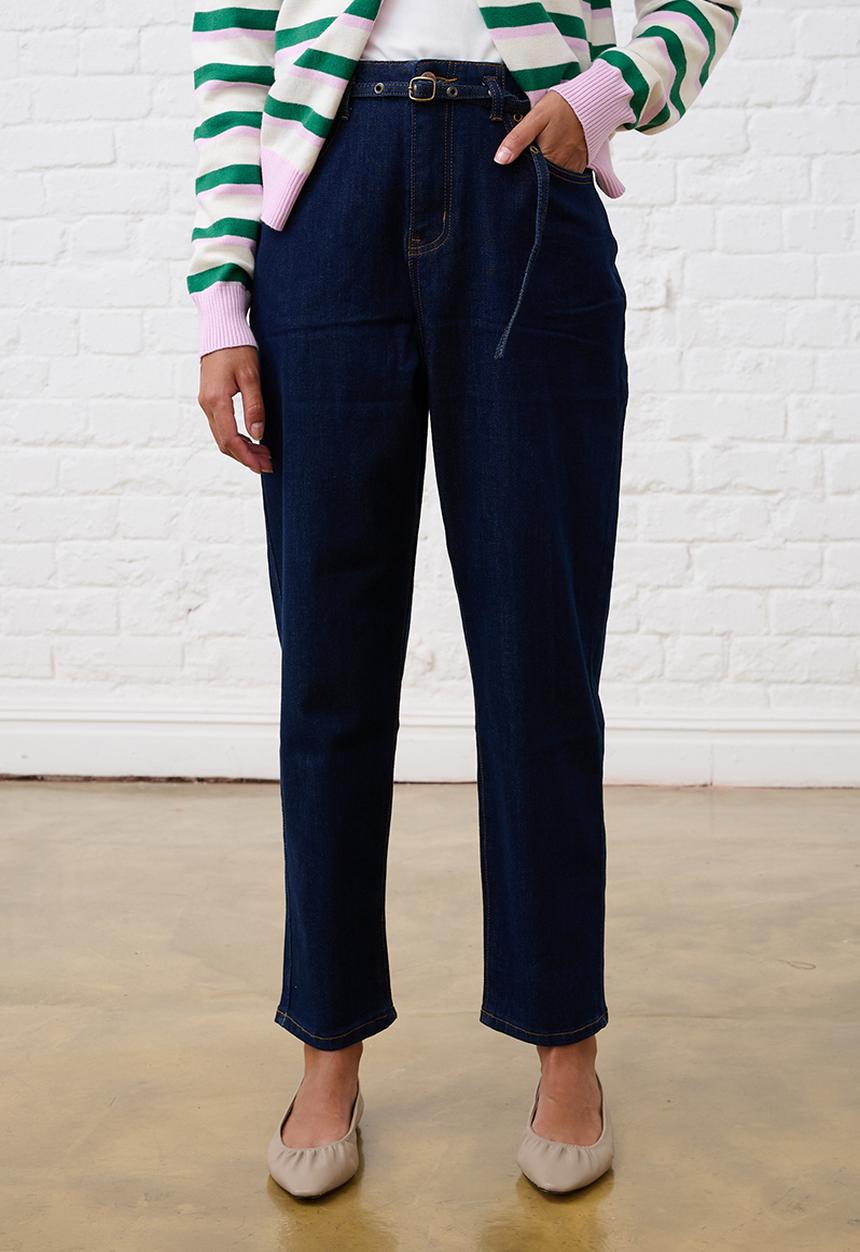 Me&B - Belted Mom Jeans - Dark Wash