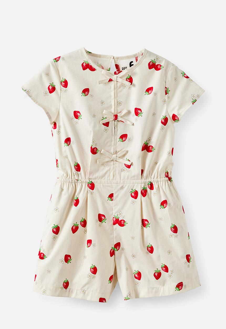 Cotton On - Woven Bow Playsuit - Vanilla/Strawberry Floral