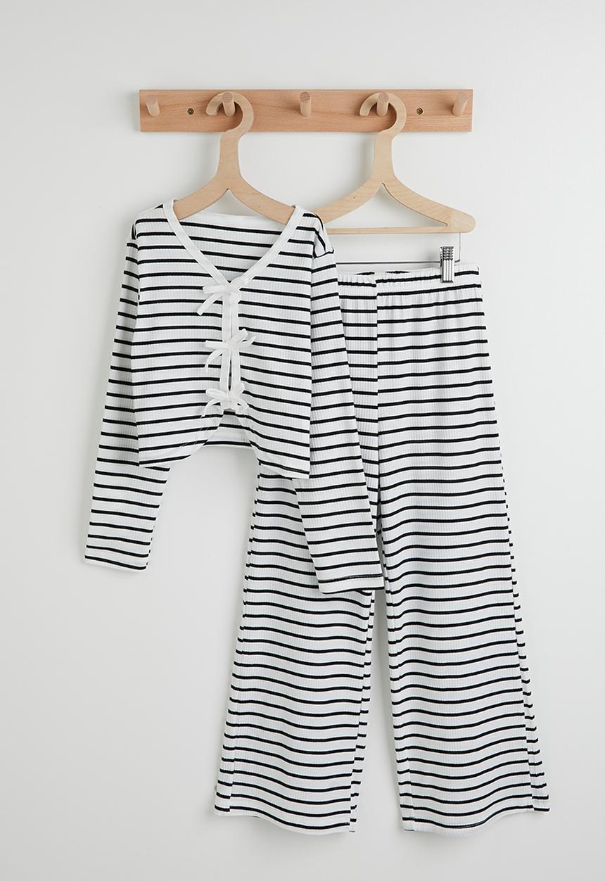 Pop Candy - Tie bow top and pants - black/white stripe