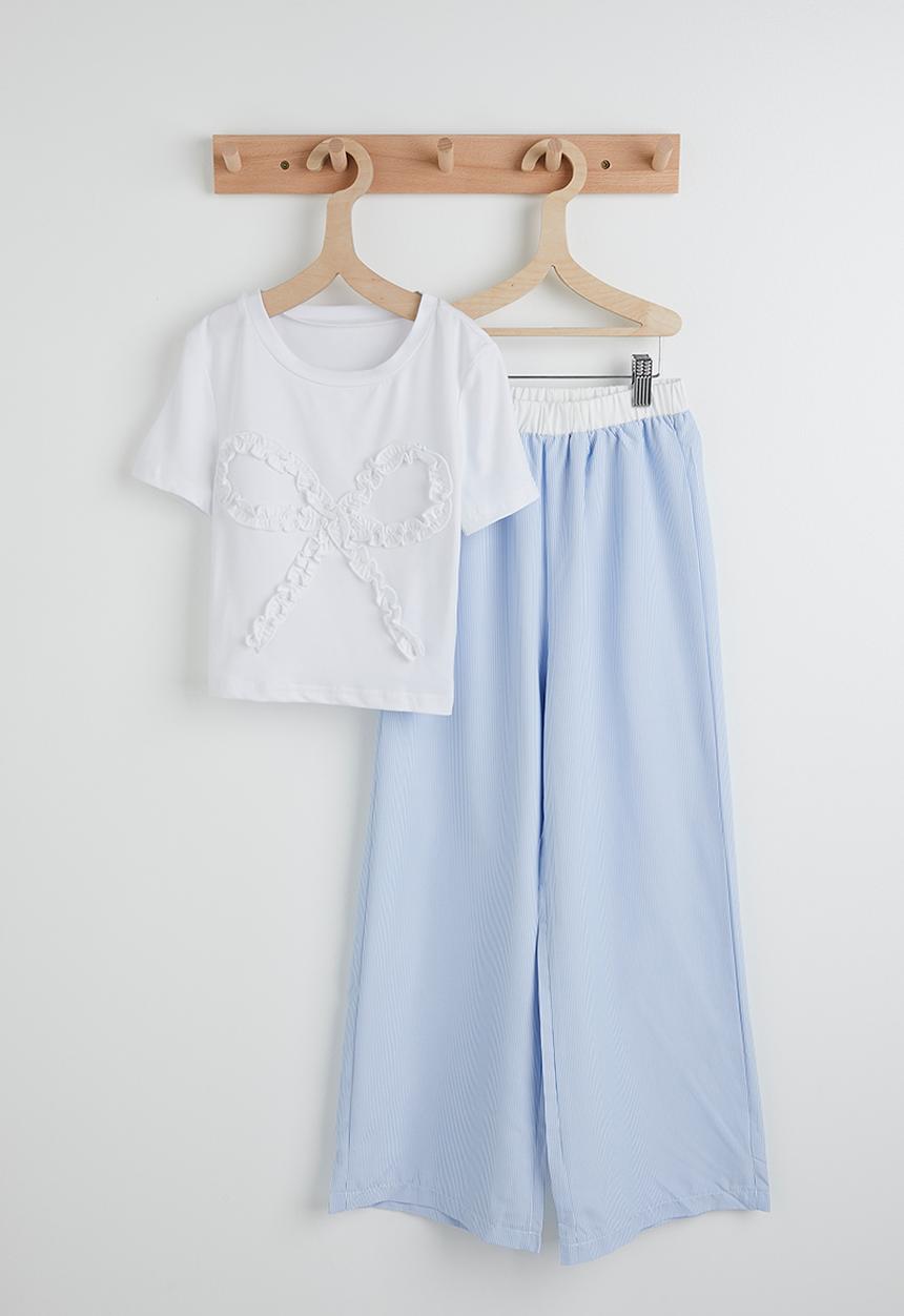 Pop Candy - Ruffle bow tee with pinstripe wide leg pants - white/blue