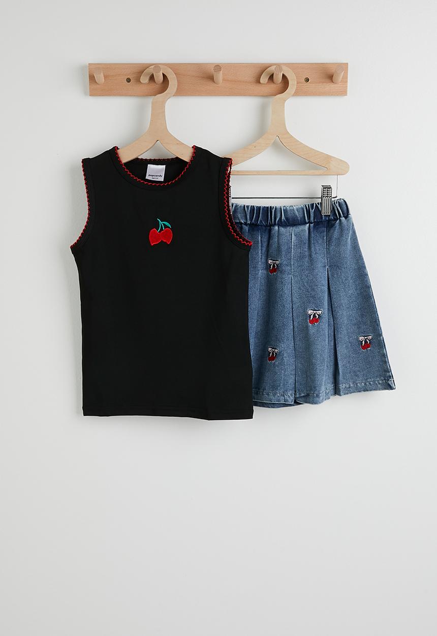 Pop Candy - Tee and pleated denim skirt - black / blue