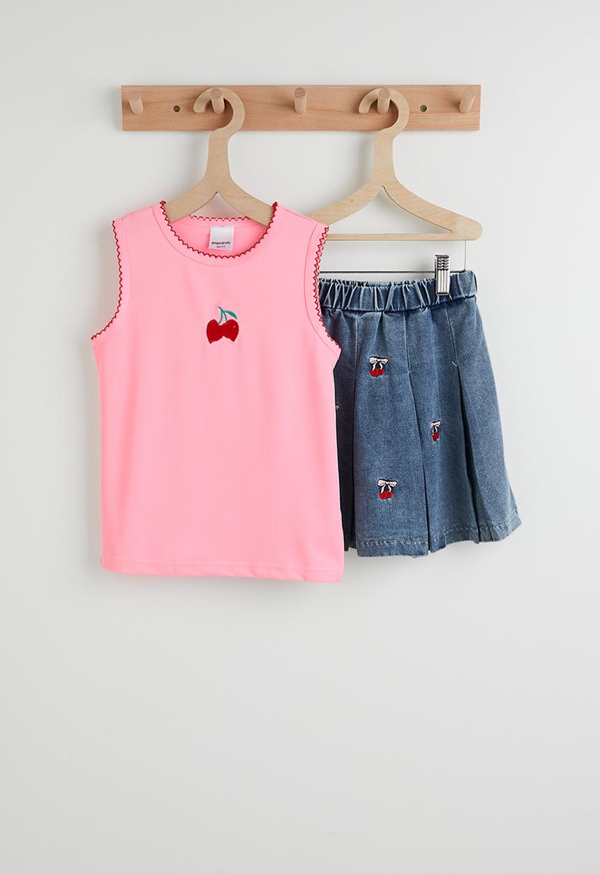 Pop Candy - Cherry embroidered tee and pleated denim skirt - pink/blue