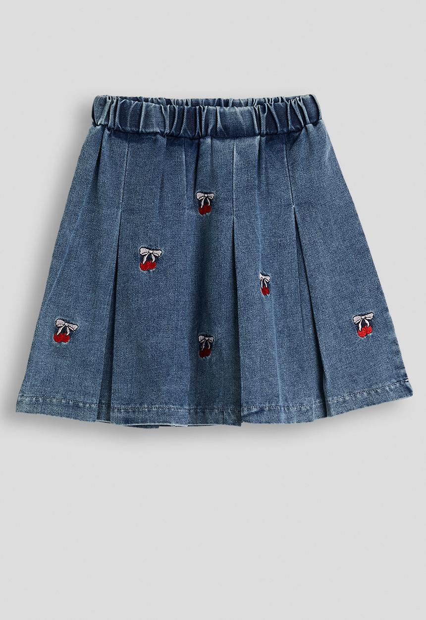 Pop Candy - Cherry embroidered tee and pleated denim skirt - pink/blue