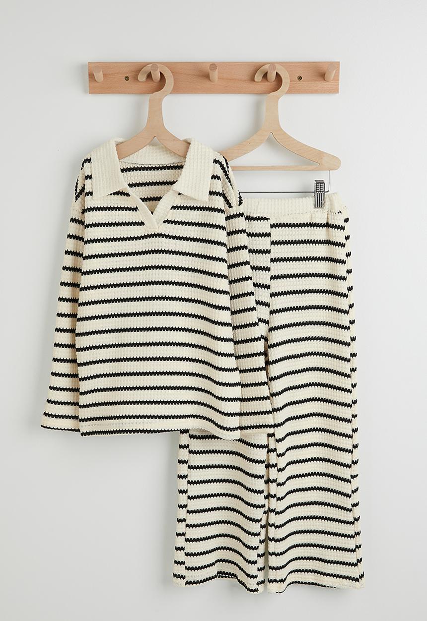 Pop Candy - Waffle knit lounge set - cream/black stripe