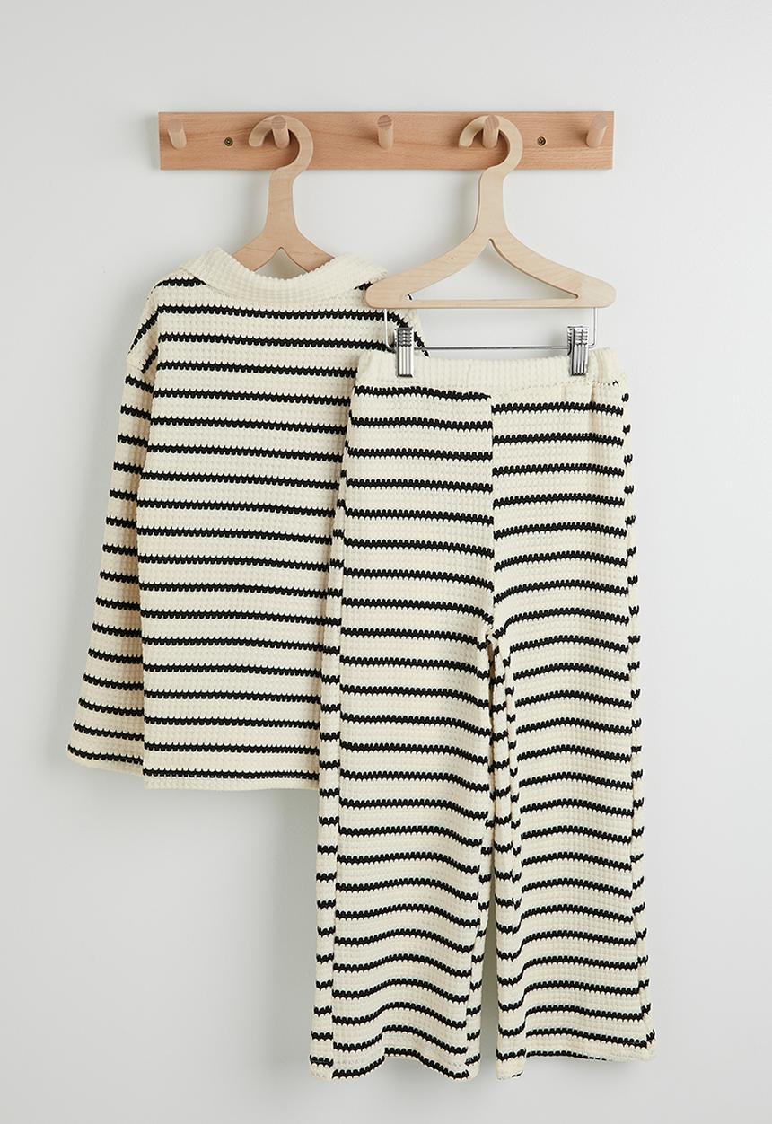 Pop Candy - Waffle knit lounge set - cream/black stripe