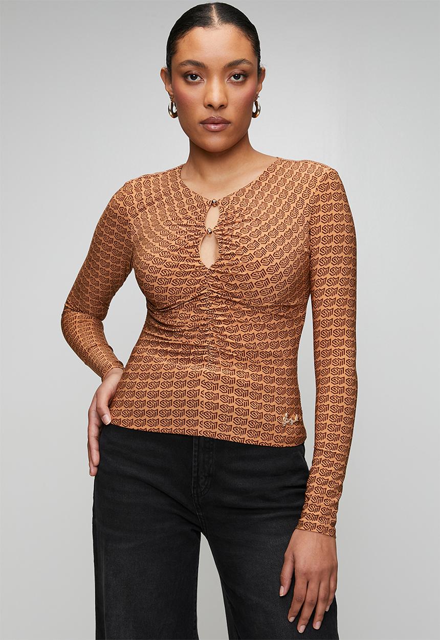 Steve Madden - Ladies pamela top with gathers & gold trim - brown