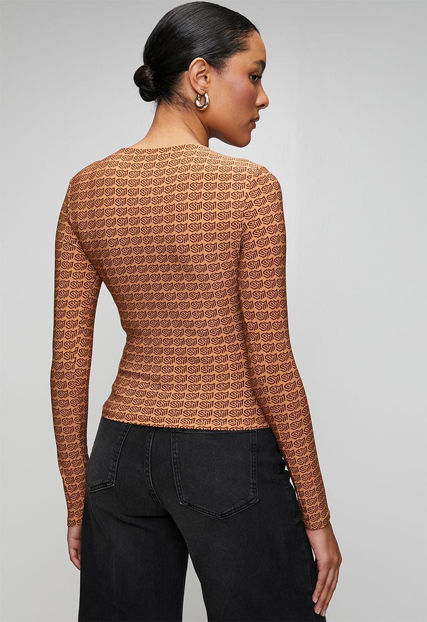 Steve Madden - Ladies pamela top with gathers & gold trim - brown