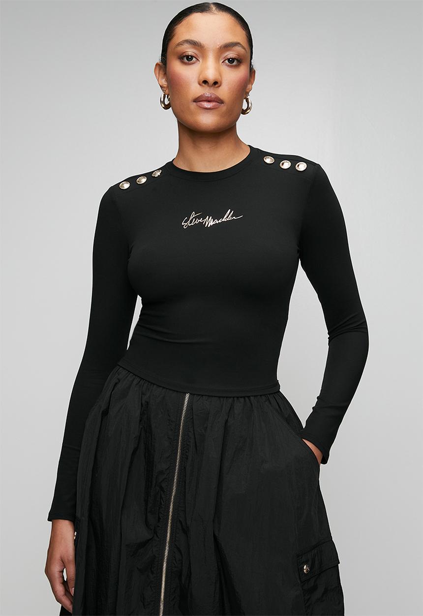 Steve Madden - Ladies riley long sleeve top with poppers  - black