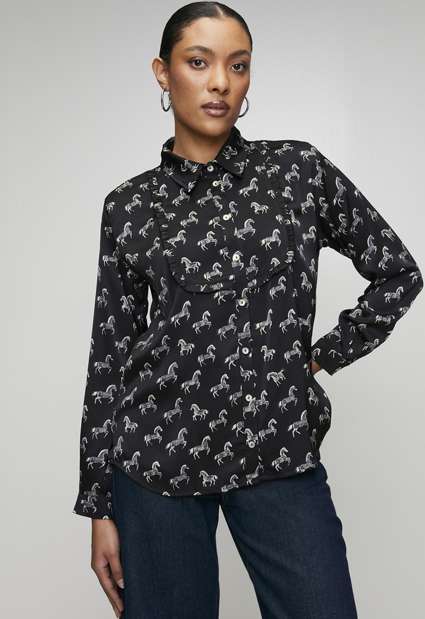 Me&B - Printed Shirt in Horse Novelty - Black