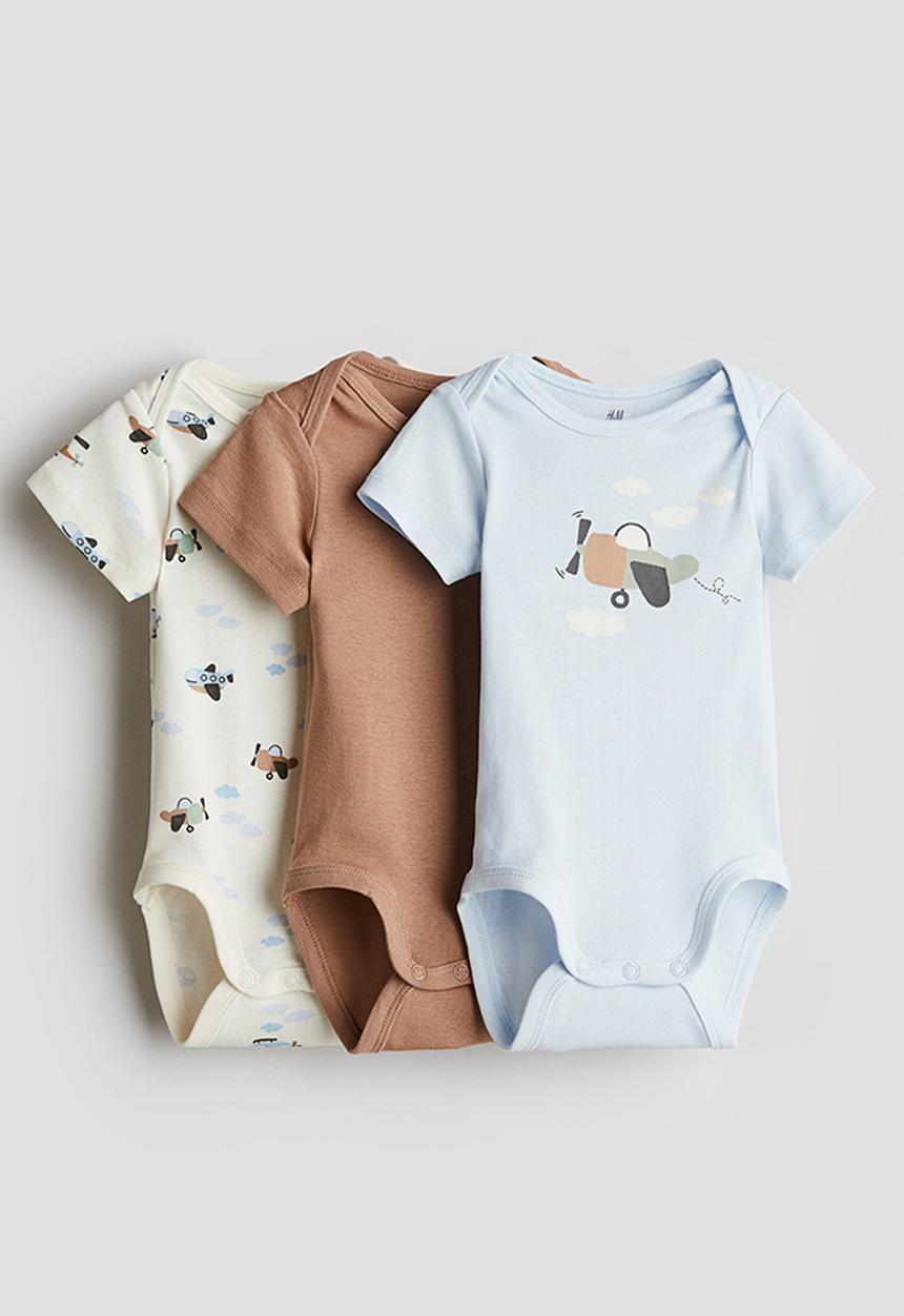 H&M - 3-Pack cotton envelope-neck bodysuits - light blue/airplanes