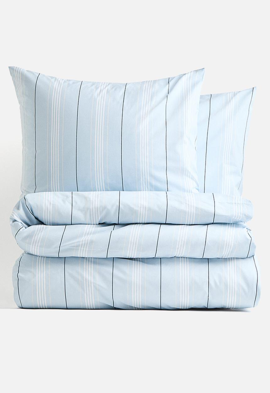 H&M - Cotton percale double/king duvet cover set - light blue/striped