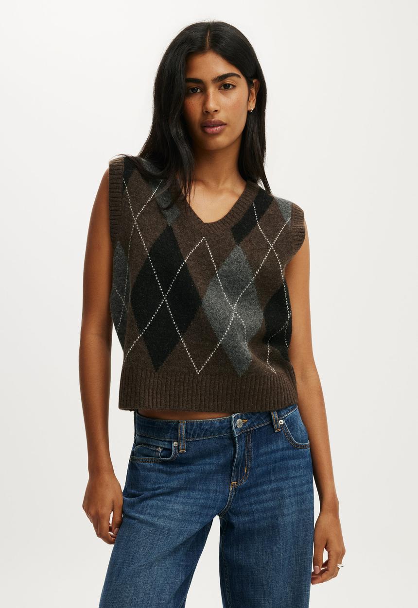 Cotton On - V-Neck Slouch Vest - Choc Argyle