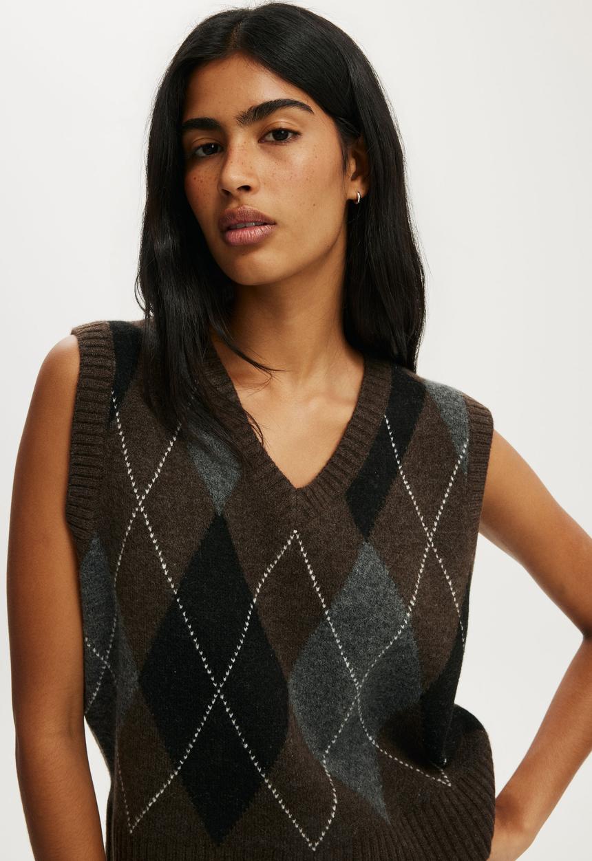 Cotton On - V-Neck Slouch Vest - Choc Argyle