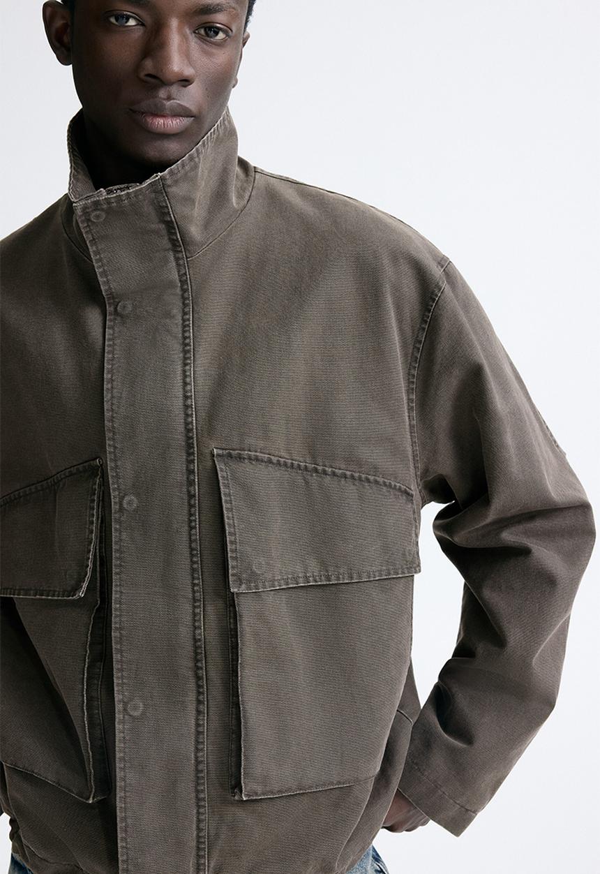 Stand collar jacket - dark khaki green - 1317987001