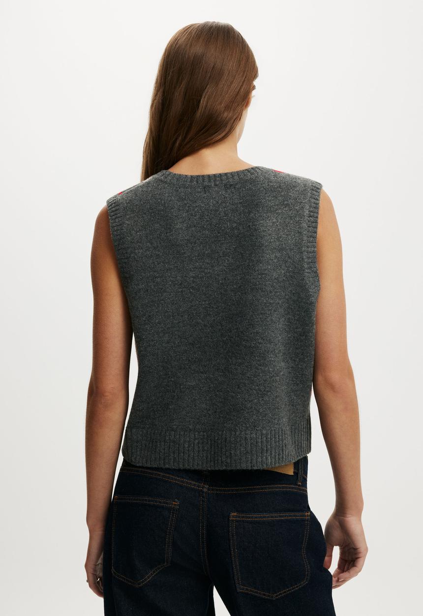 Cotton On - V-Neck Slouch Vest - Charcoal Red Petal Argyle