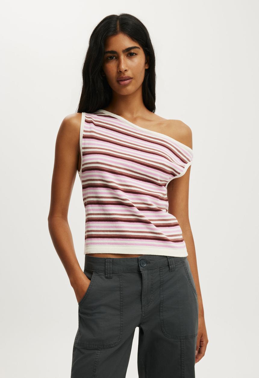 Cotton On - Sleeveless Off Shoulder Knit - Pink Stripe