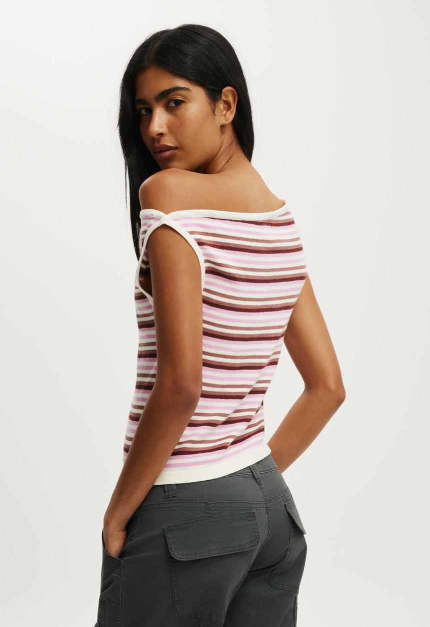 Cotton On - Sleeveless Off Shoulder Knit - Pink Stripe