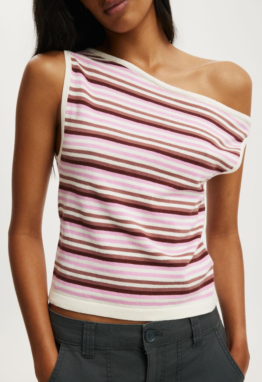 Cotton On - Sleeveless Off Shoulder Knit - Pink Stripe