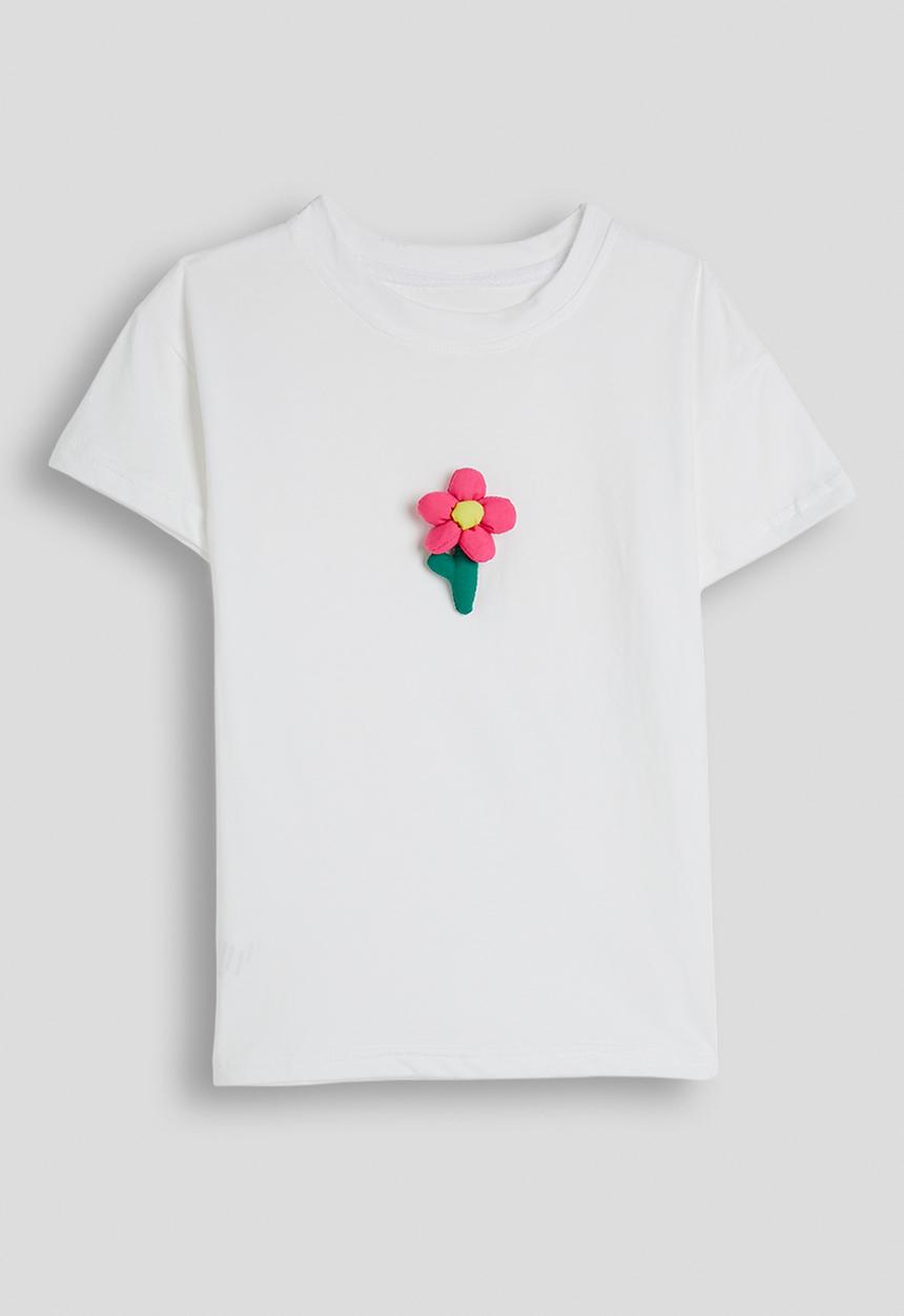 Pop Candy - Padded flower applique tee with denim skirt - white/hot pink