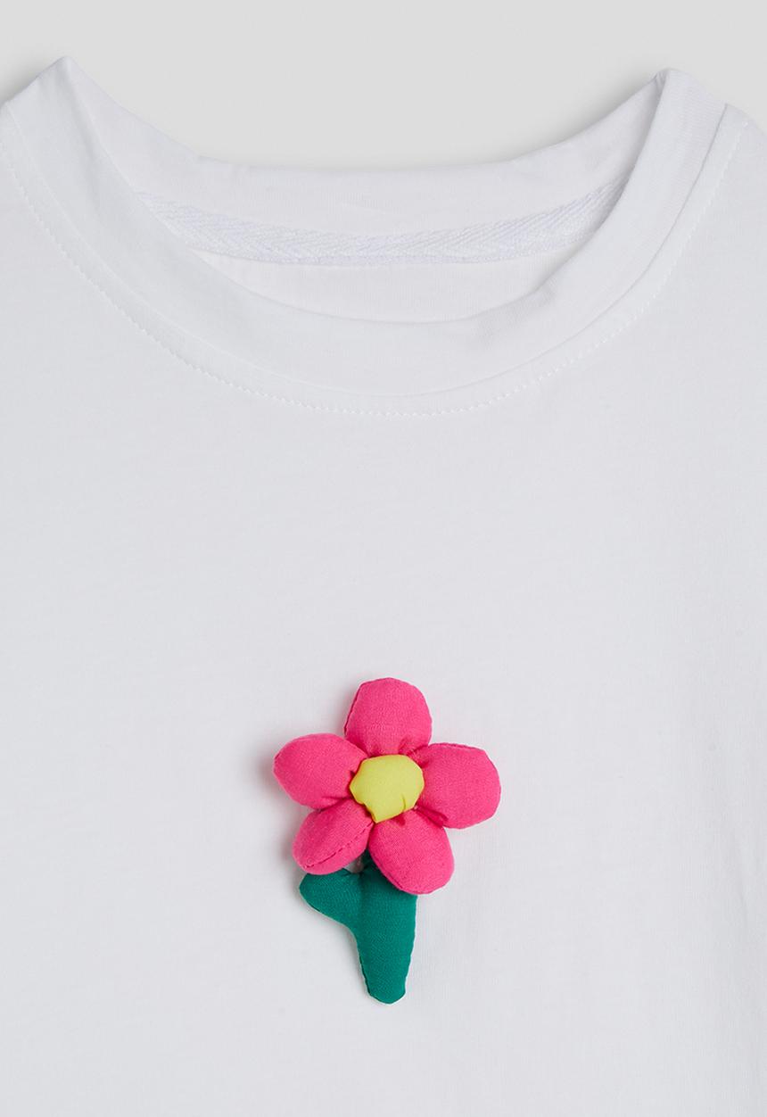 Pop Candy - Padded flower applique tee with denim skirt - white/hot pink