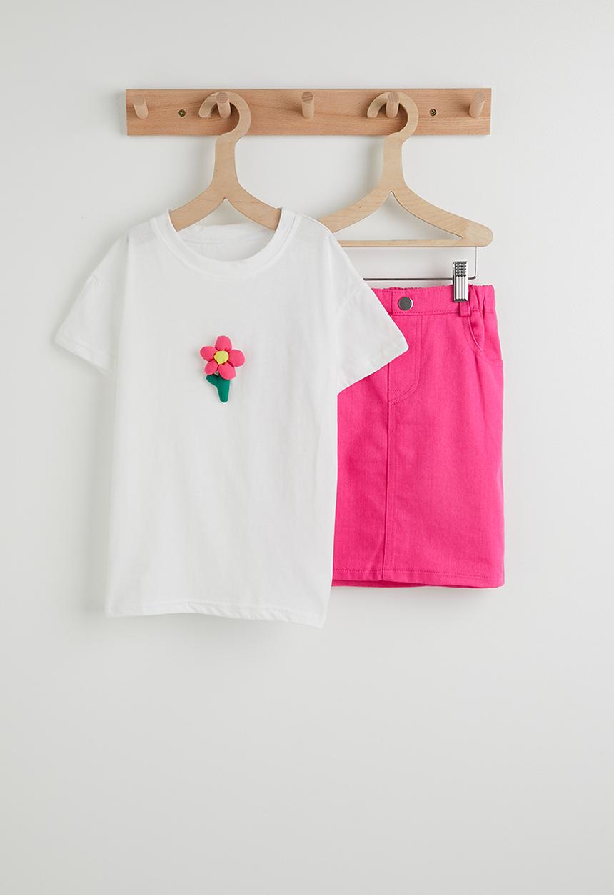Pop Candy - Padded flower applique tee with denim skirt - white/hot pink