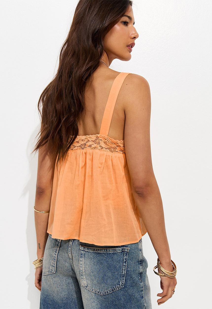 New Look - Cotton Semi Sheer Lace Panelled Cami Vest Top - Orange