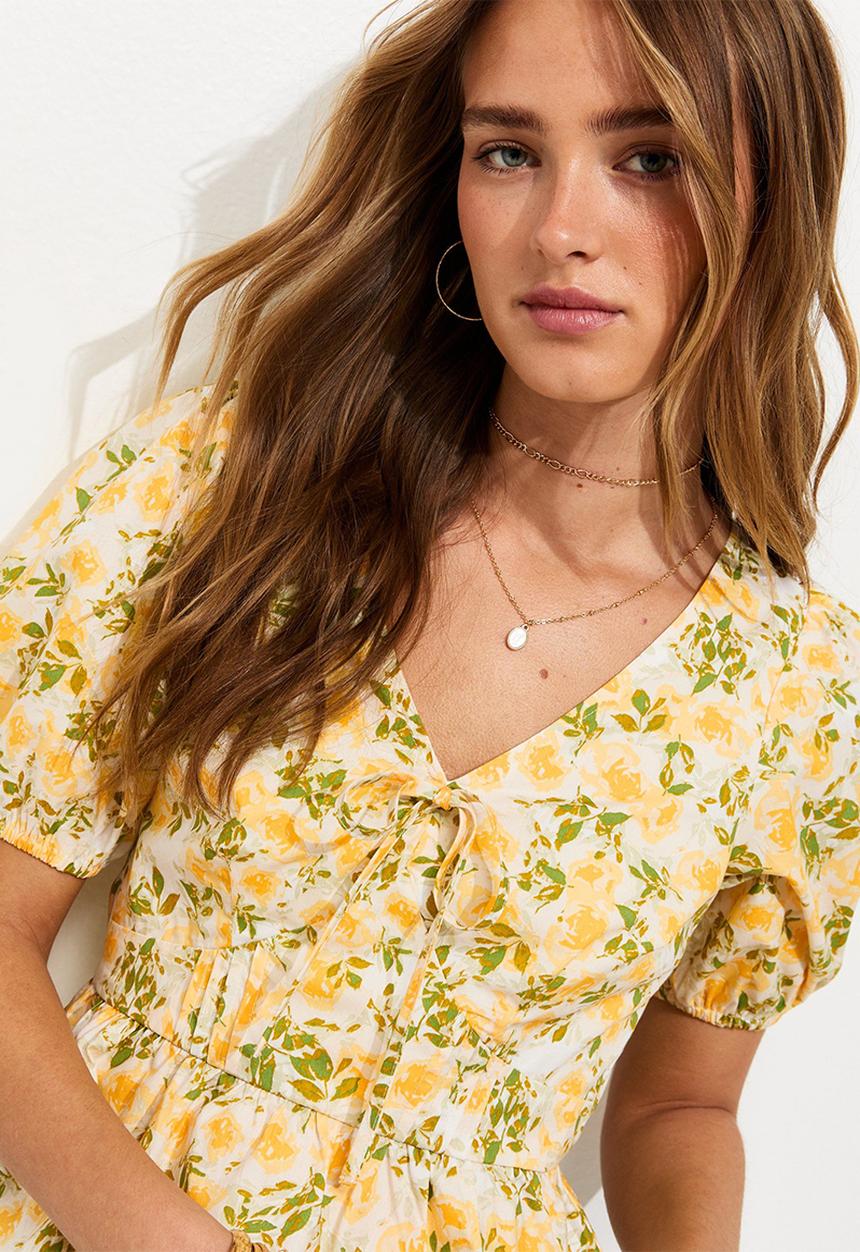 New Look - Floral Print V-Neck Top - Yellow 
