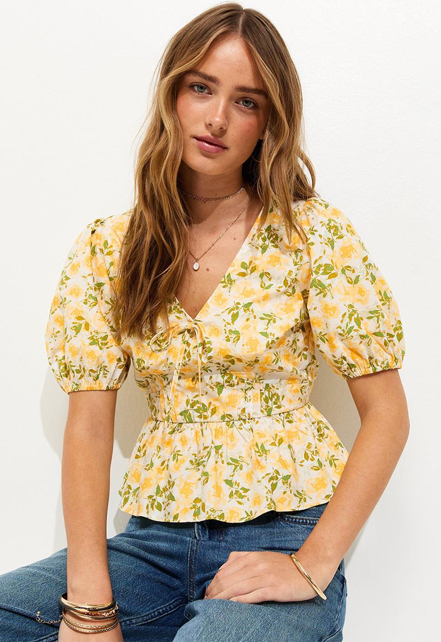 New Look - Floral Print V-Neck Top - Yellow 
