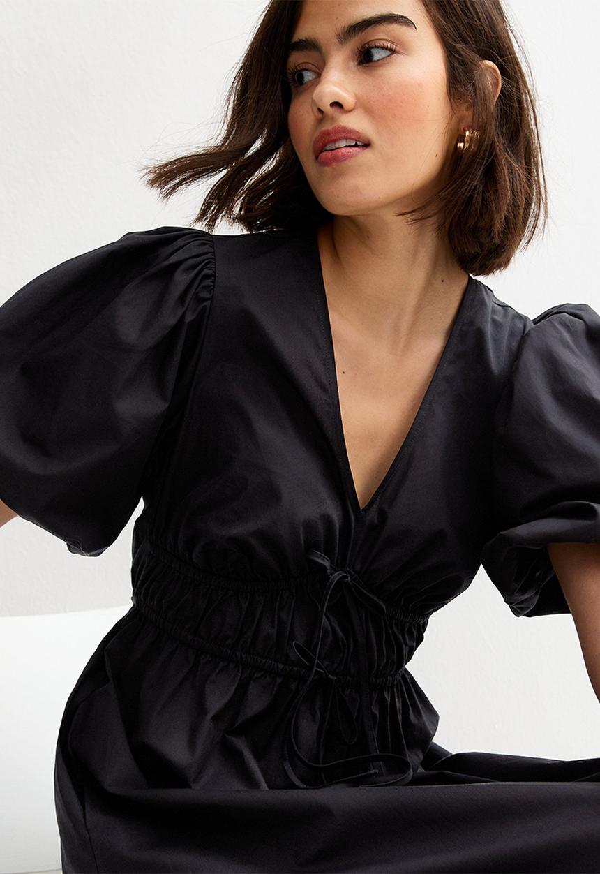 New Look - Cotton Puff Sleeve Midi Dress - Black