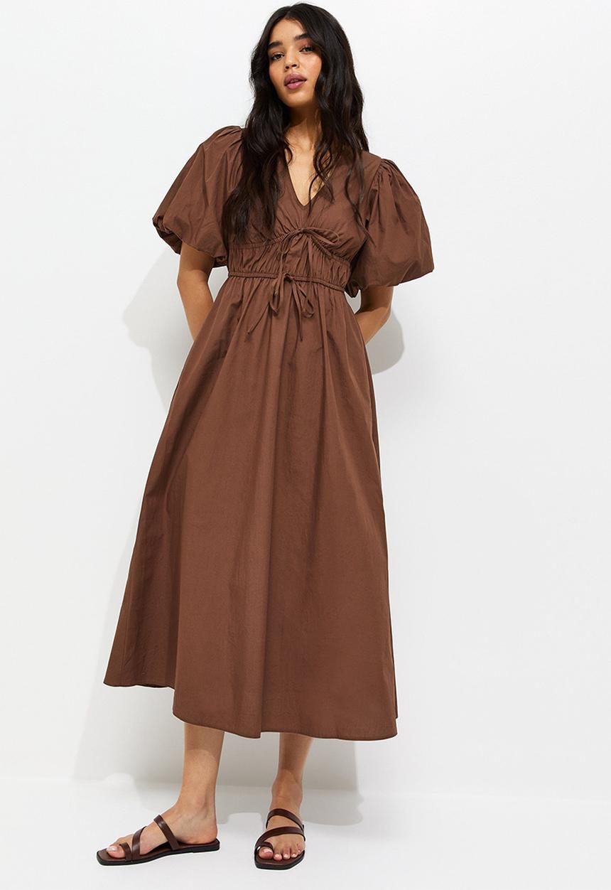 New Look - Cotton Puff Sleeve Midi Dress - Brown