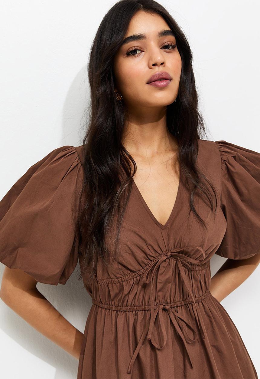 New Look - Cotton Puff Sleeve Midi Dress - Brown