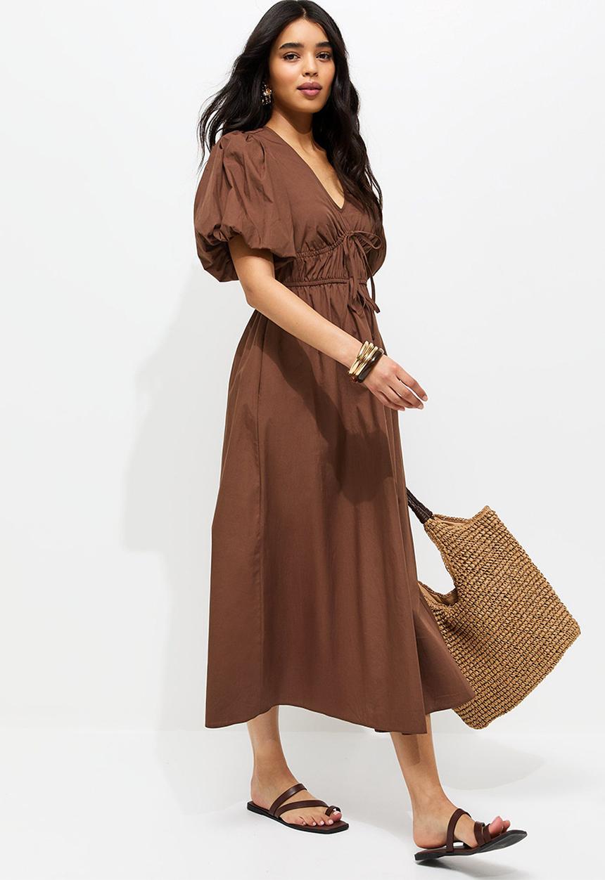 New Look - Cotton Puff Sleeve Midi Dress - Brown