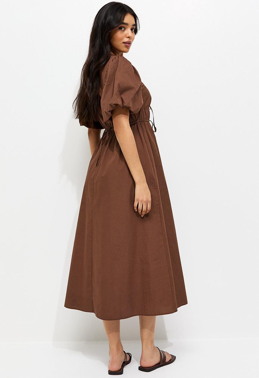 New Look - Cotton Puff Sleeve Midi Dress - Brown