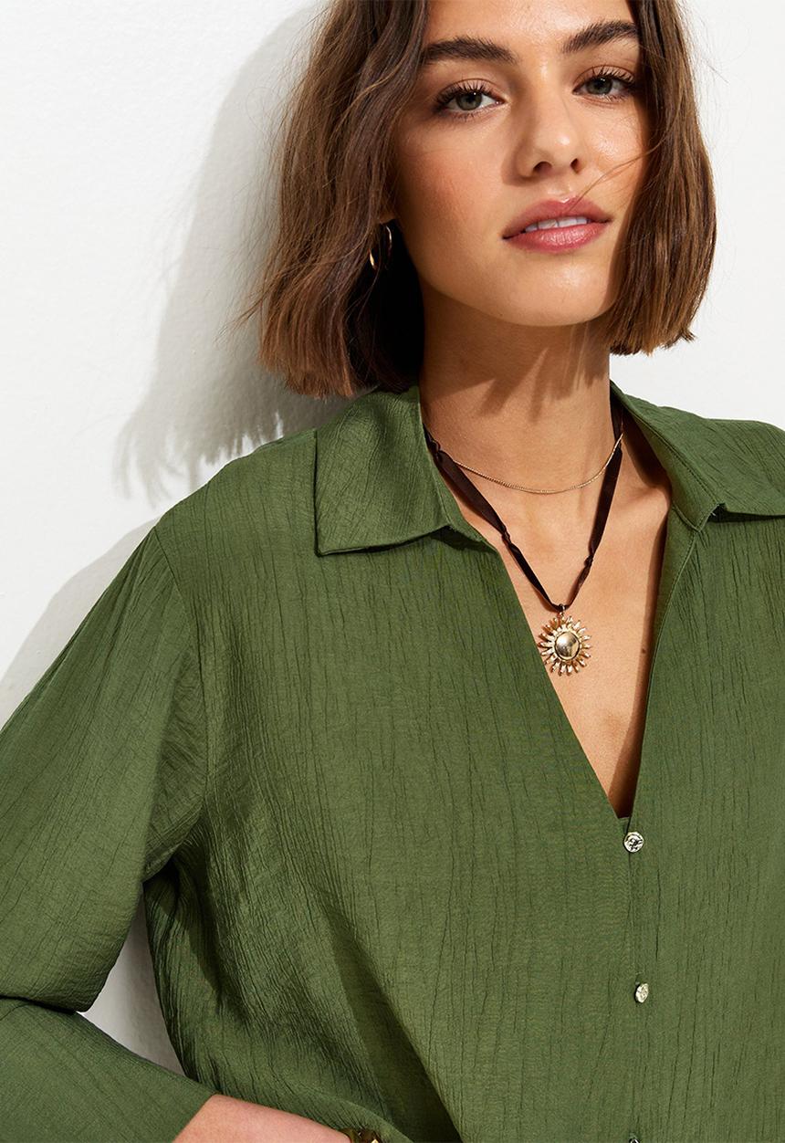 New Look - Crinkled Cropped Sleeve Shirt - Dark Khaki