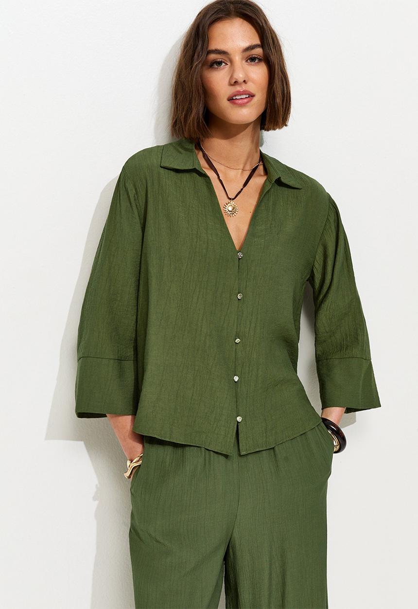 New Look - Crinkled Cropped Sleeve Shirt - Dark Khaki