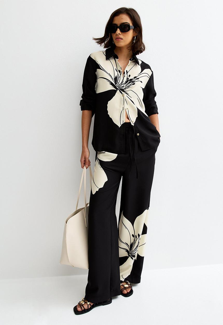 New Look - Large Lily Print Long Sleeve Shirt - Black
