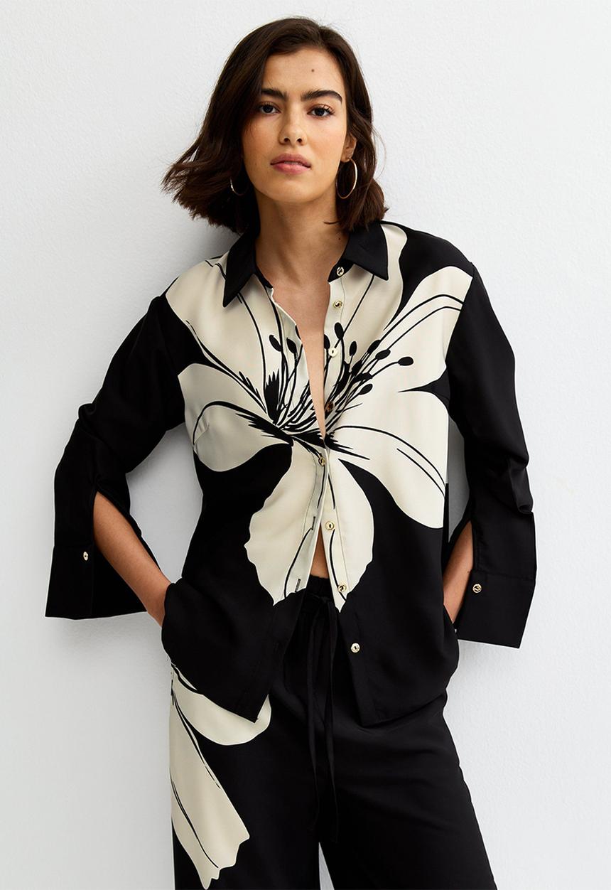 New Look - Large Lily Print Long Sleeve Shirt - Black