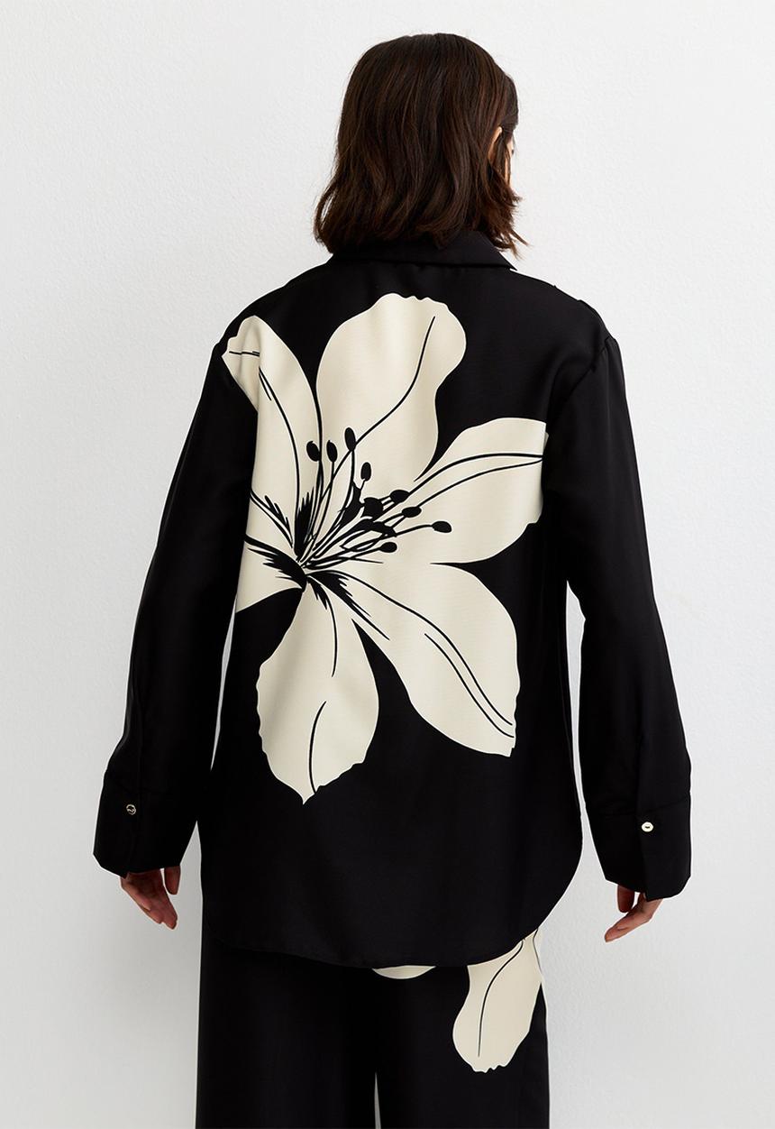 New Look - Large Lily Print Long Sleeve Shirt - Black