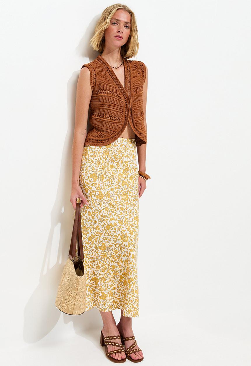 New Look - Linen Blend Floral Bias Cut Midi Skirt - Yellow 