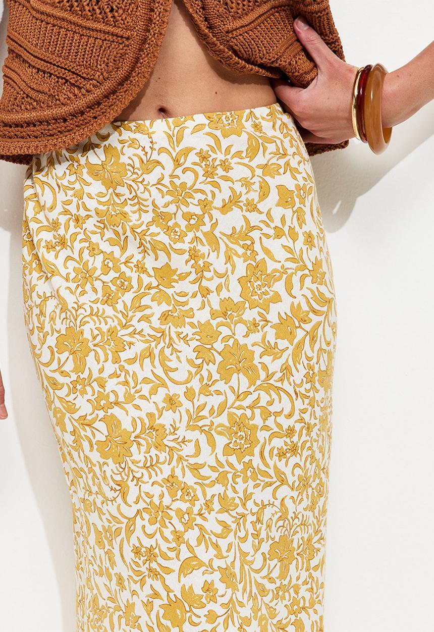 New Look - Linen Blend Floral Bias Cut Midi Skirt - Yellow 