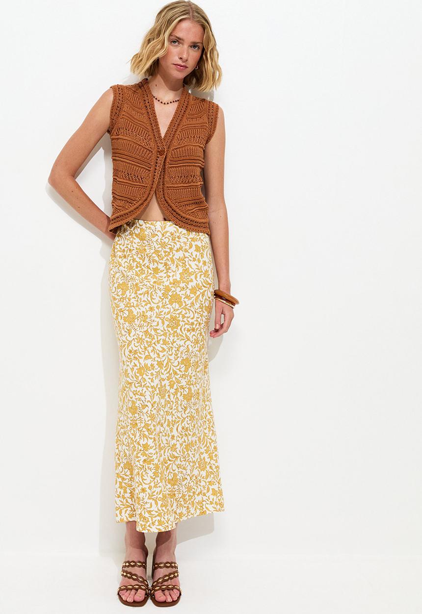 New Look - Linen Blend Floral Bias Cut Midi Skirt - Yellow 