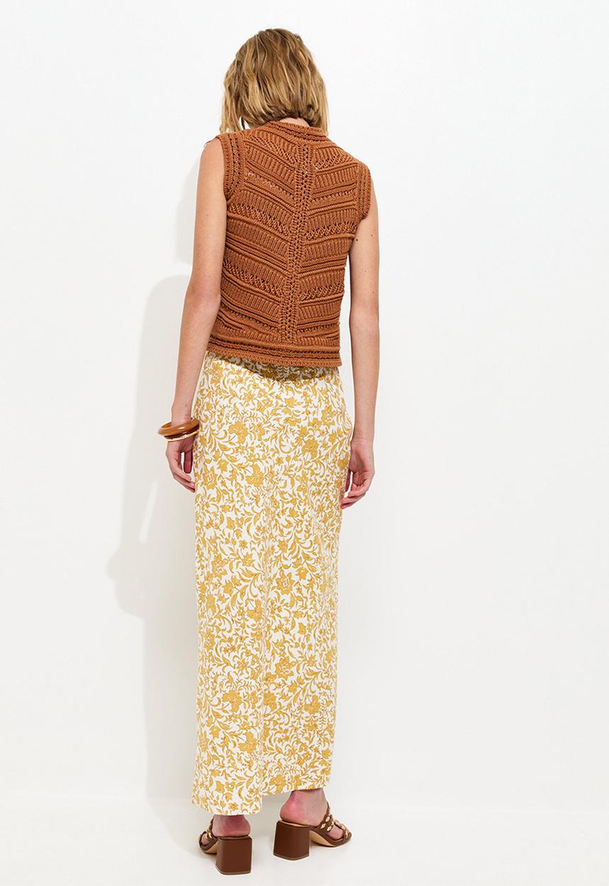 New Look - Linen Blend Floral Bias Cut Midi Skirt - Yellow 