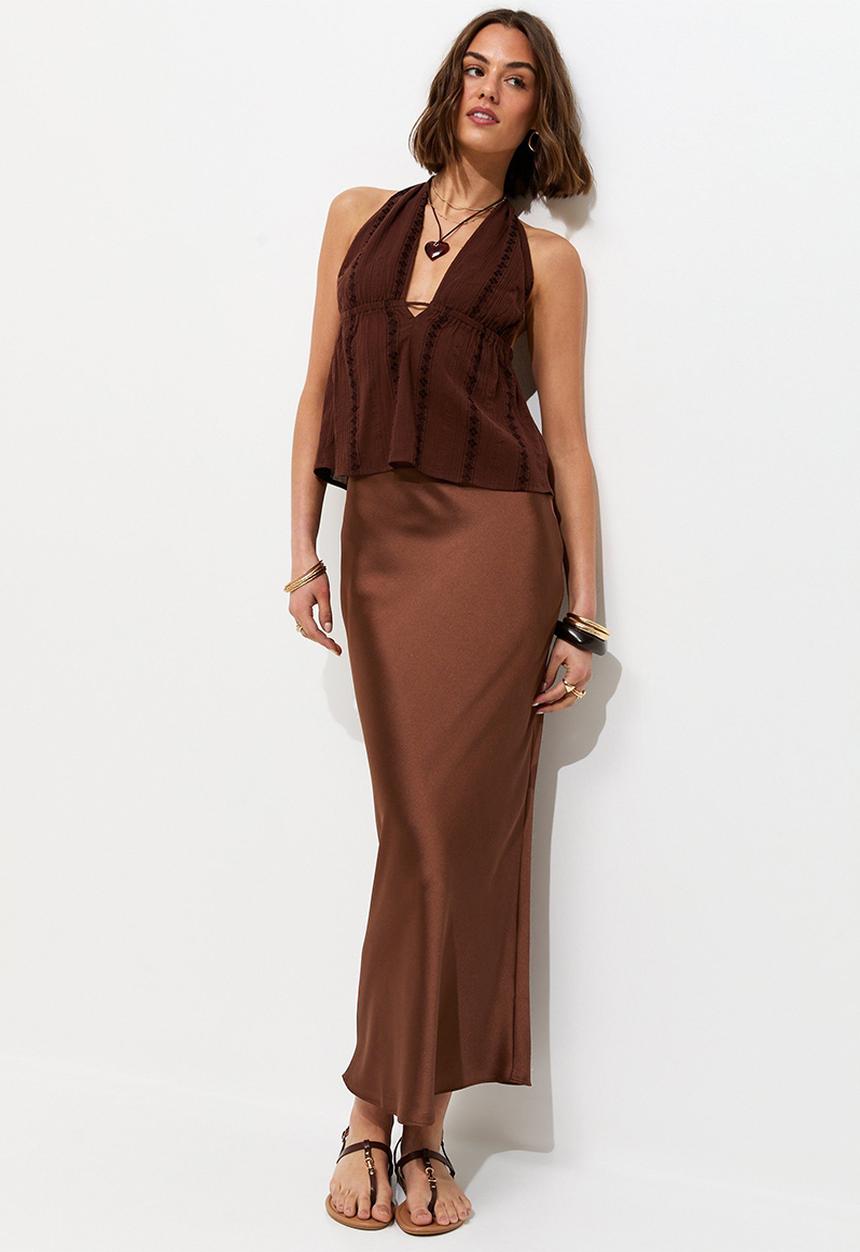 New Look - Satin Bias Cut Midi Skirt - Dark Brown
