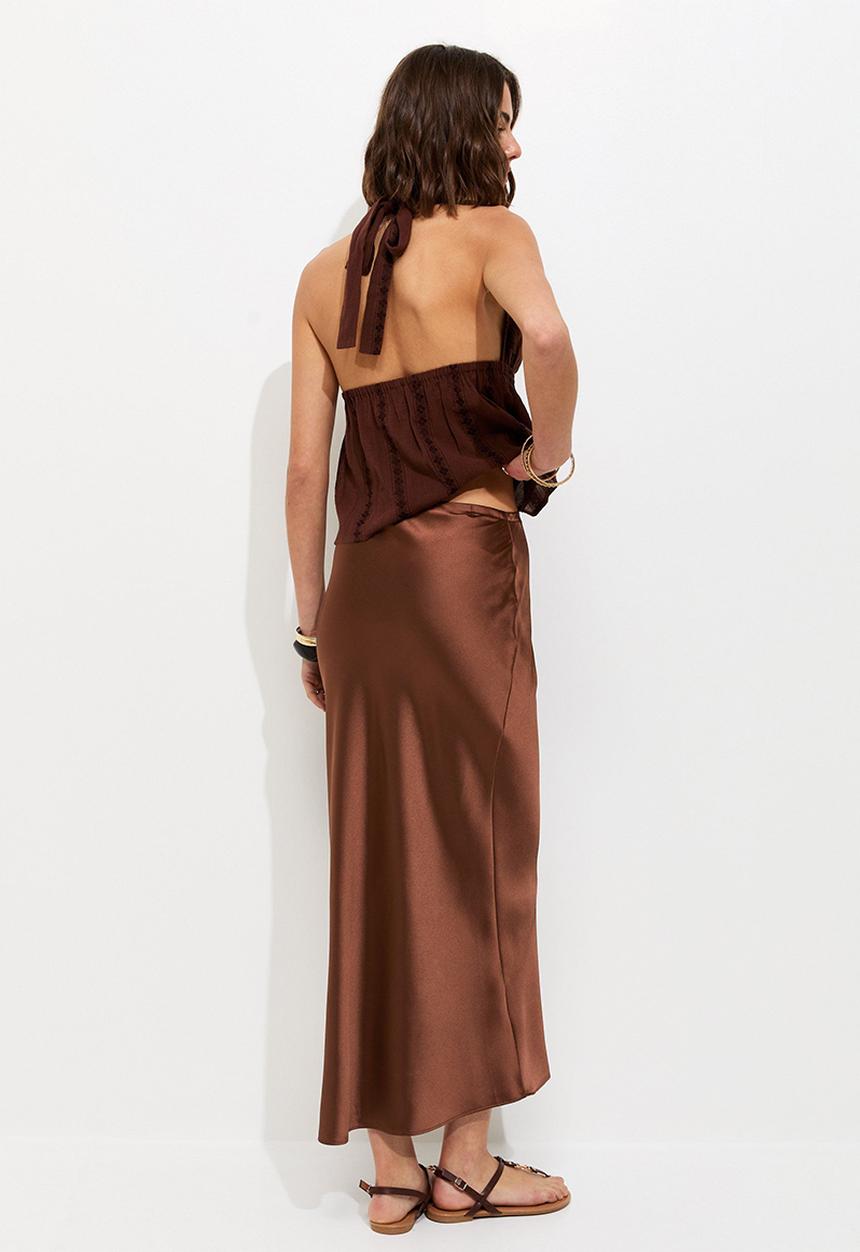 New Look - Satin Bias Cut Midi Skirt - Dark Brown