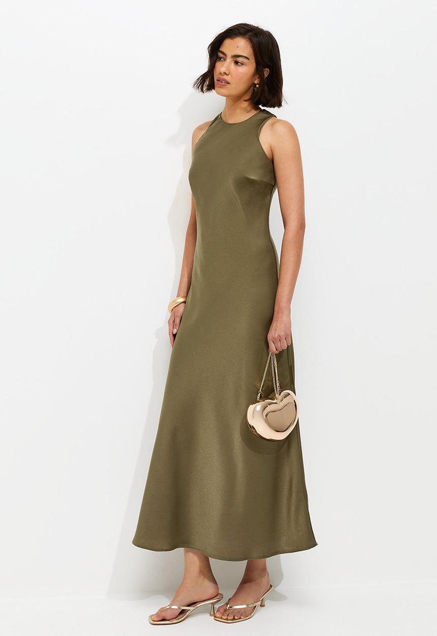 New Look - Satin High Neck Maxi Dress - Khaki
