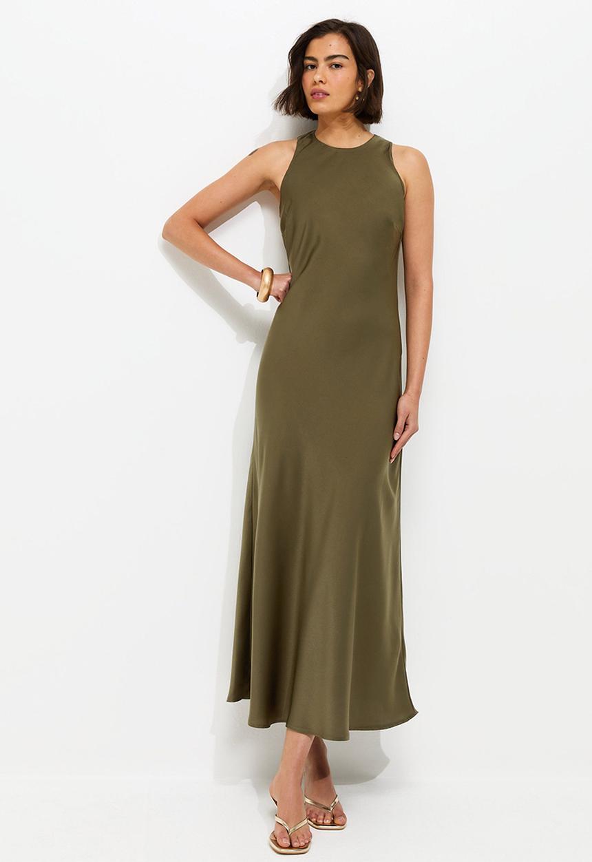 New Look - Satin High Neck Maxi Dress - Khaki