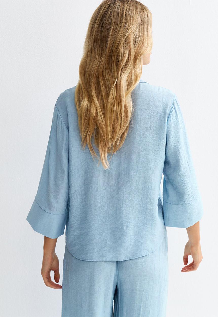 New Look - Crinkled Cropped Sleeve Shirt - Blue