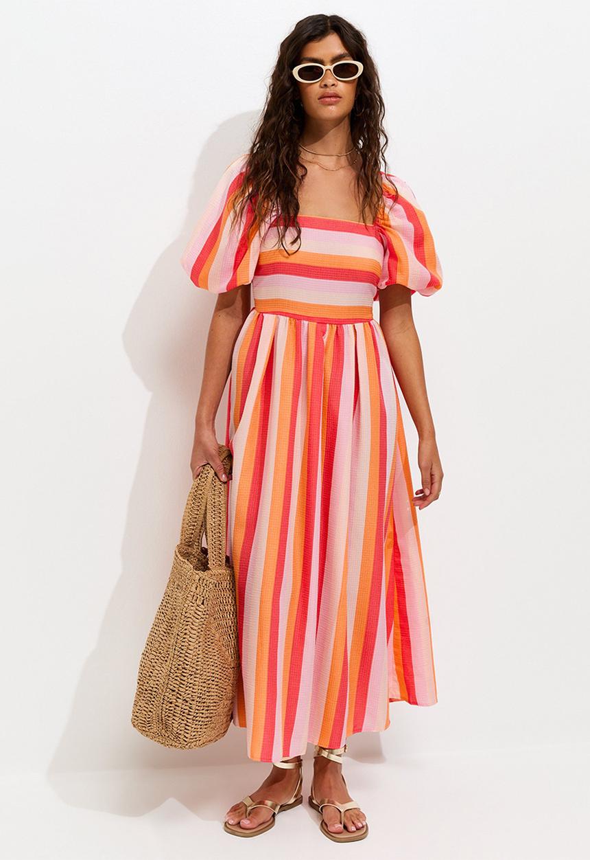 New Look - Stripe Milkmaid Midi Dress - Pink