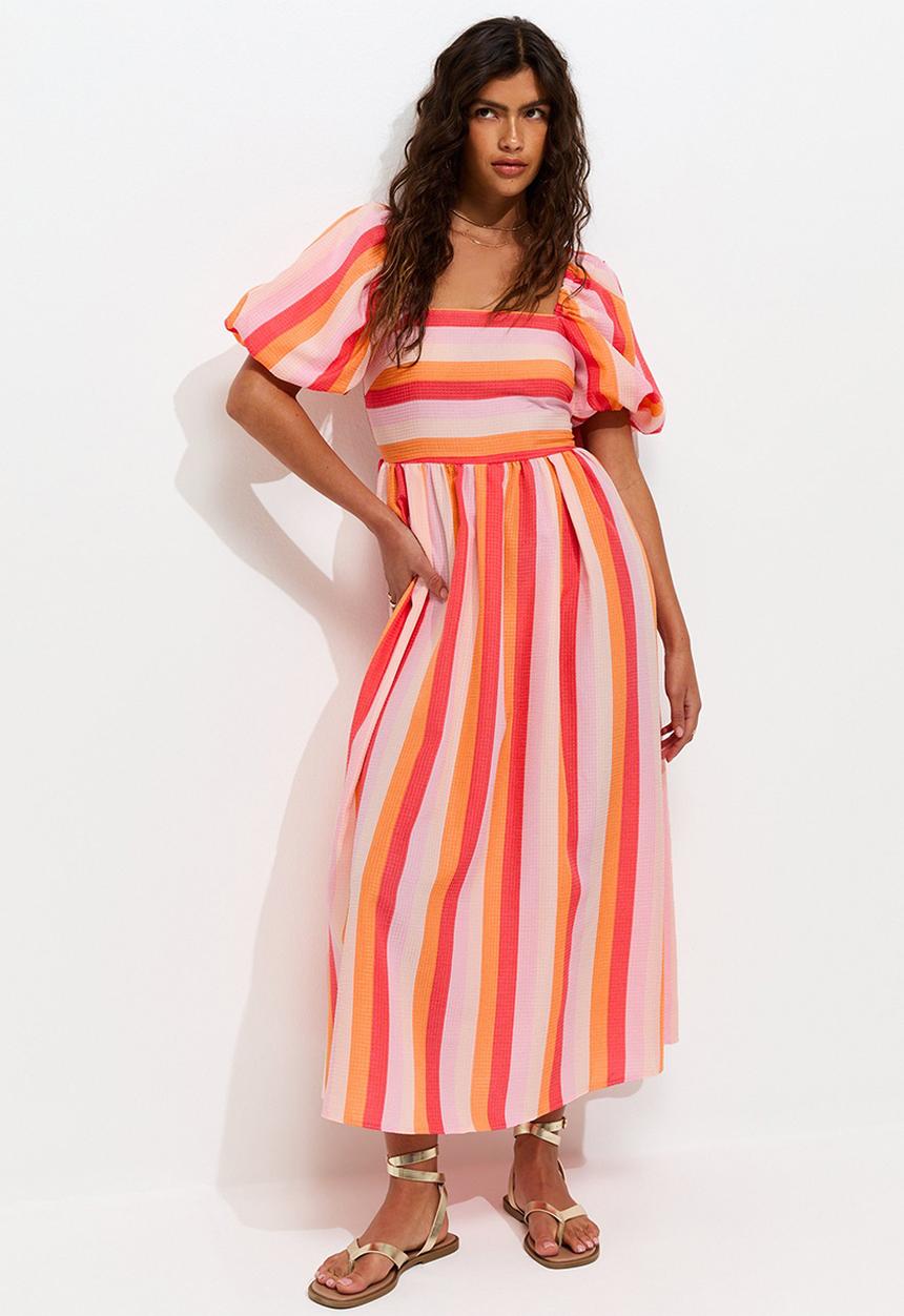 New Look - Stripe Milkmaid Midi Dress - Pink